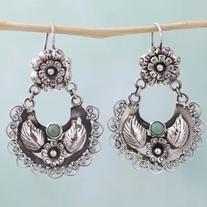Chic Silver and Green Floral Earrings